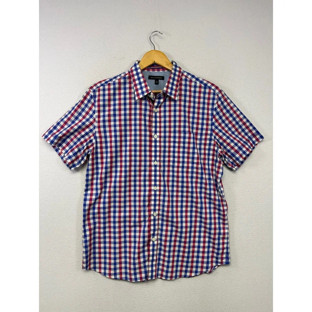 Preppy Americana Banana Republic Mens Large Red White Blue Gingham Short Sleeve